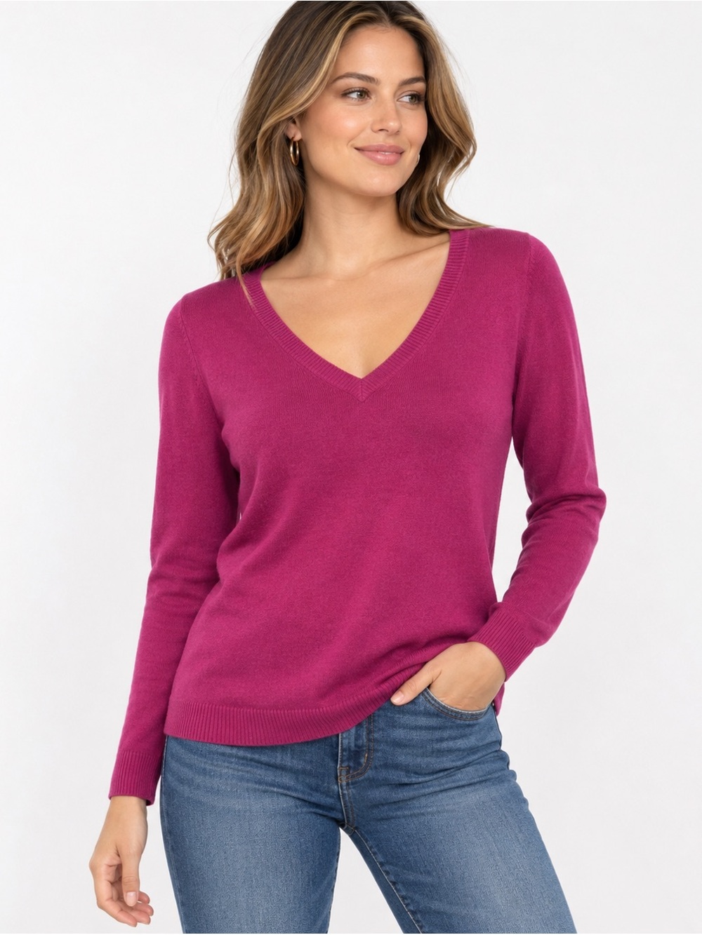 New York & Company Women’s Large Magenta Pink V-Neck Pullover Sweater